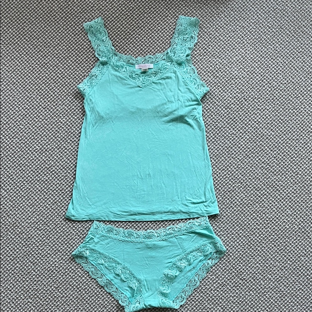 Fleur’T Iconic Light Turquoise Lace Trim Chemise Set (Camisole and Boyshort)